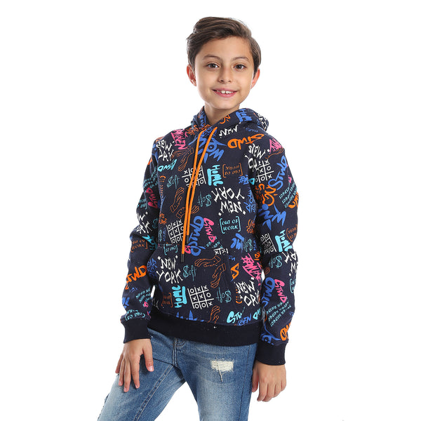 Navy Blue Fleeced Boys Printed Hoodie