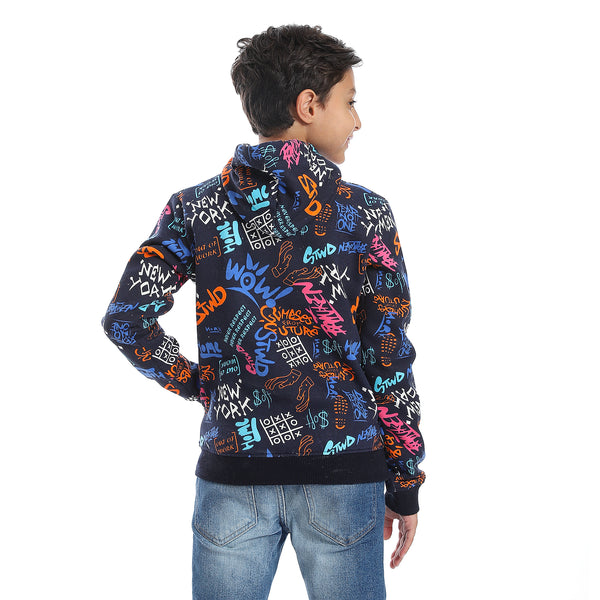 Navy Blue Fleeced Boys Printed Hoodie