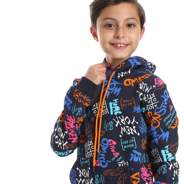 Navy Blue Fleeced Boys Printed Hoodie