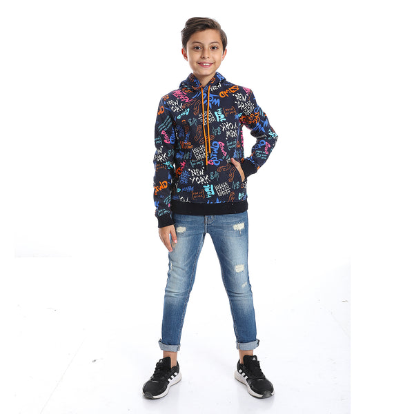 Navy Blue Fleeced Boys Printed Hoodie