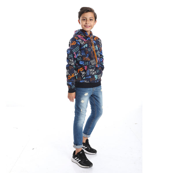 Navy Blue Fleeced Boys Printed Hoodie