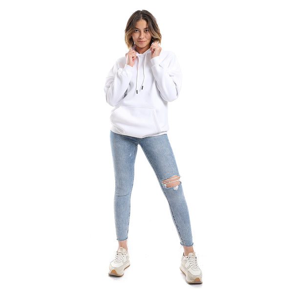 White Fleeced Plain Hoodie