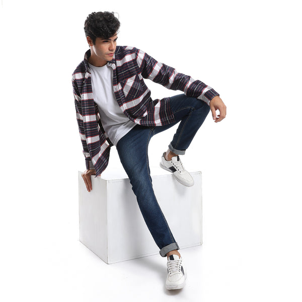 Plaids Navy Blue, Maroon & White Button Down Shirt