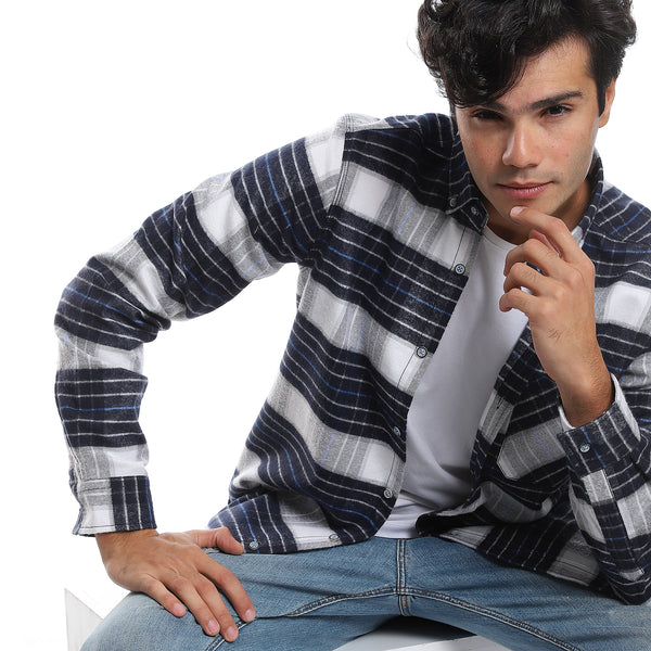 Plaids Royal Blue, Black & White Button Down Shirt