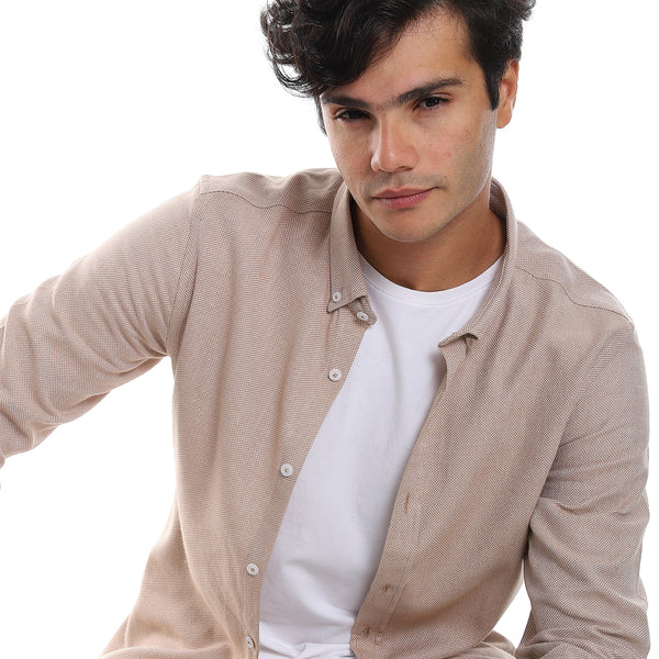 Self Pattern Buttons Down Beige Shirt
