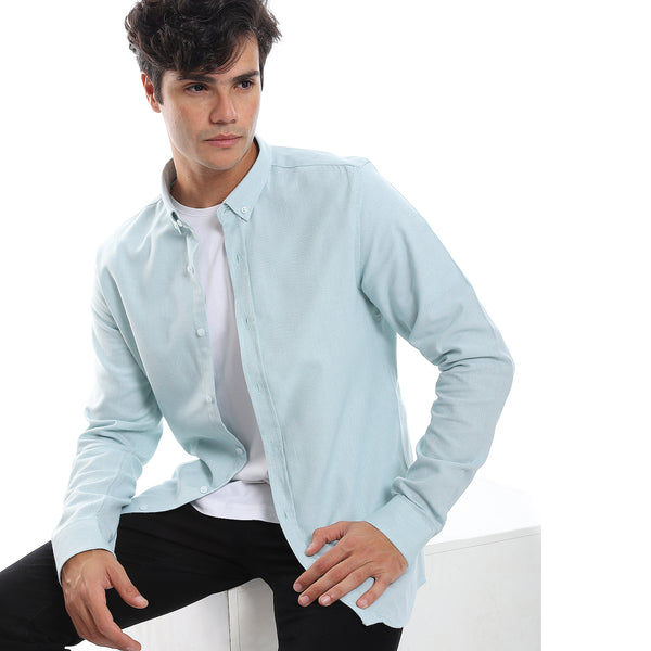 self_pattern_buttons_down_turquoise_shirt