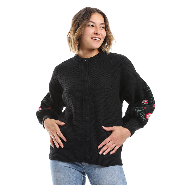 Knitted Black Puffed Sleeved Cardigan