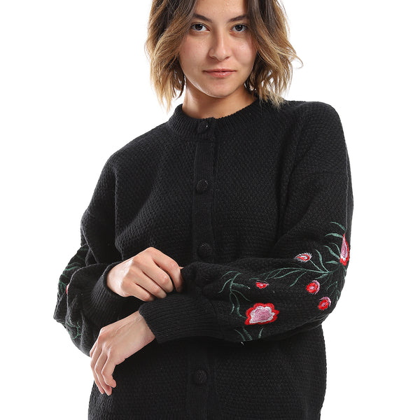 Knitted Black Puffed Sleeved Cardigan