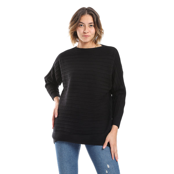 Black Ribbed Boat Neck Pullover