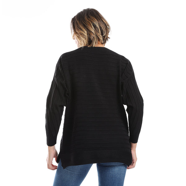 Black Ribbed Boat Neck Pullover