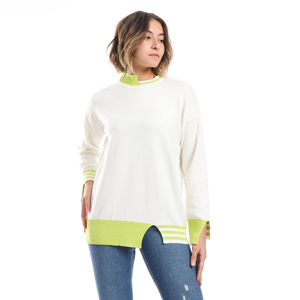 Lime Green & White Ribbed Cuff Plain Pullover