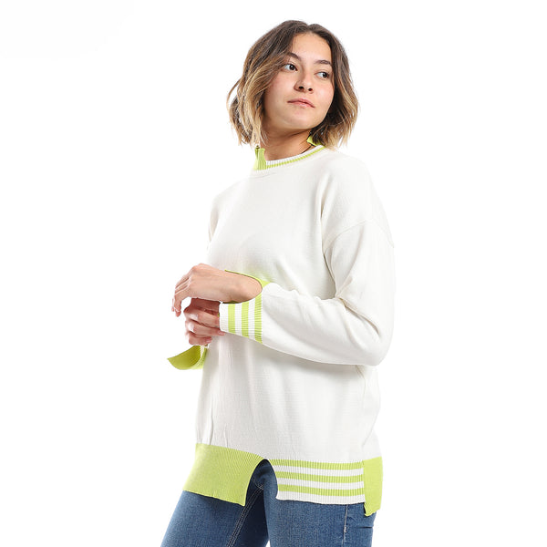 Lime Green & White Ribbed Cuff Plain Pullover