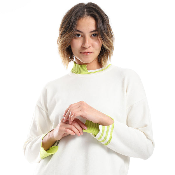 Lime Green & White Ribbed Cuff Plain Pullover