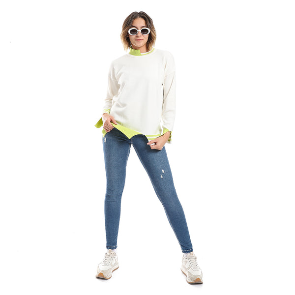 Lime Green & White Ribbed Cuff Plain Pullover