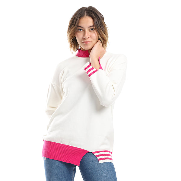 Hot Pink & White Ribbed Cuff Plain Pullover