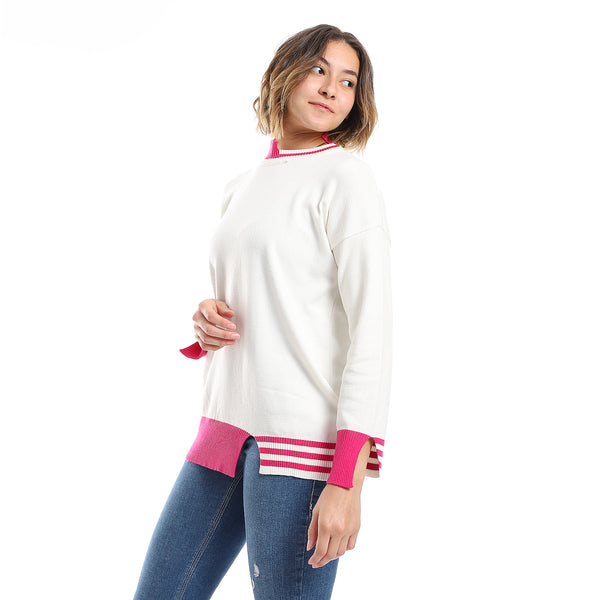 Hot Pink & White Ribbed Cuff Plain Pullover