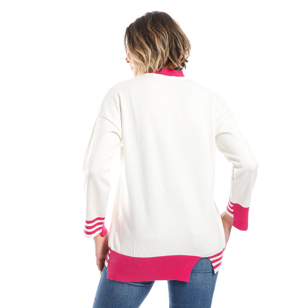 Hot Pink & White Ribbed Cuff Plain Pullover