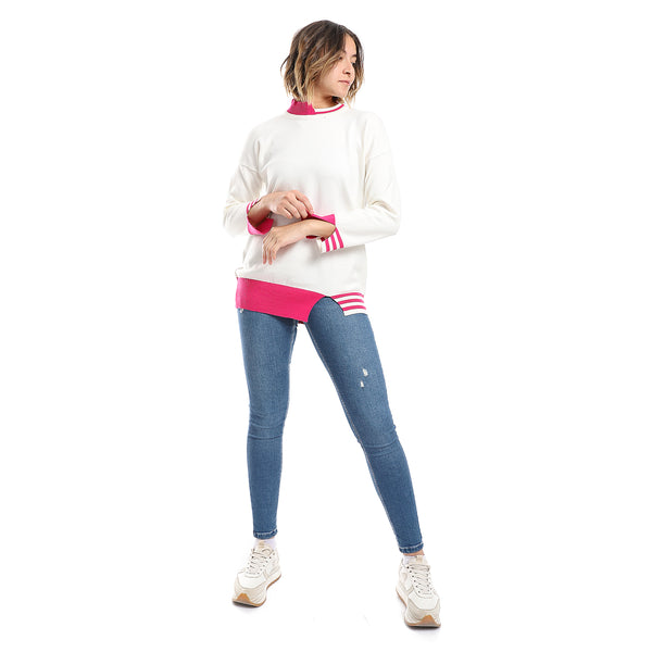 Hot Pink & White Ribbed Cuff Plain Pullover