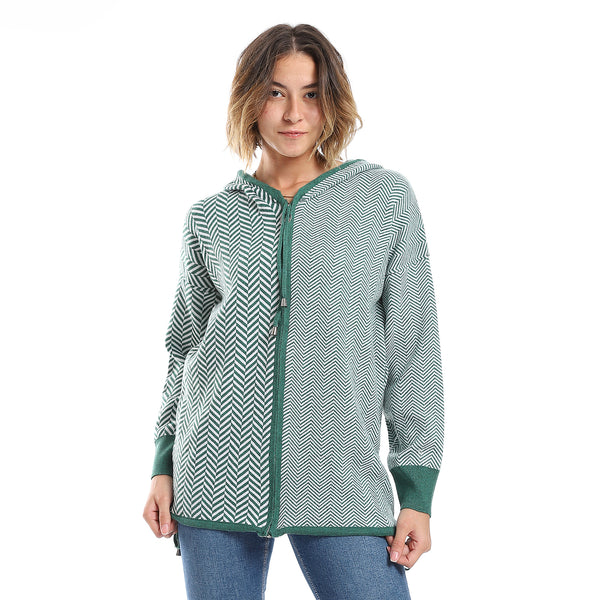 Chervon Self Pattern Emerald Green & White Zipper Sweater