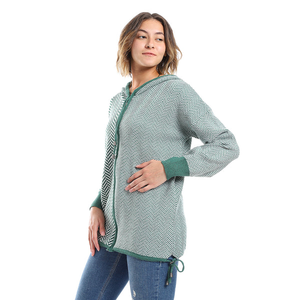 Chervon Self Pattern Emerald Green & White Zipper Sweater