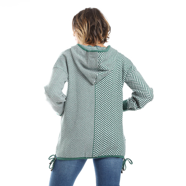 Chervon Self Pattern Emerald Green & White Zipper Sweater