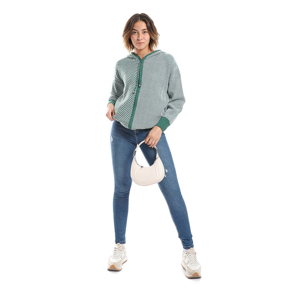 Chervon Self Pattern Emerald Green & White Zipper Sweater