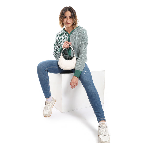 Chervon Self Pattern Emerald Green & White Zipper Sweater