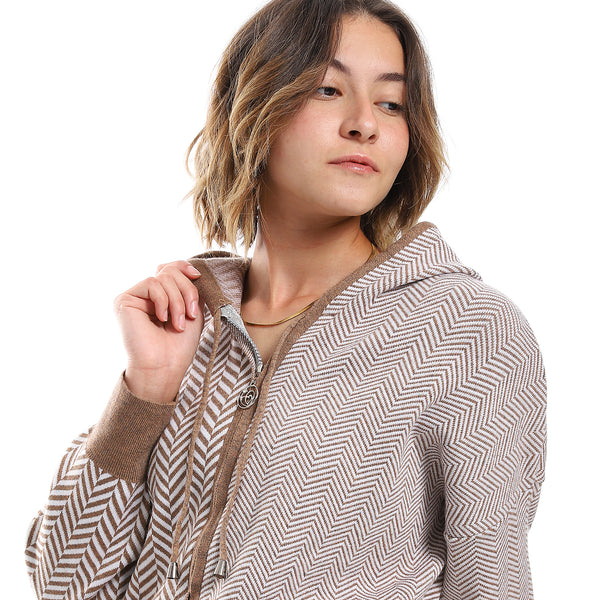 Chervon Self Pattern French Beige & White Zipper Sweater