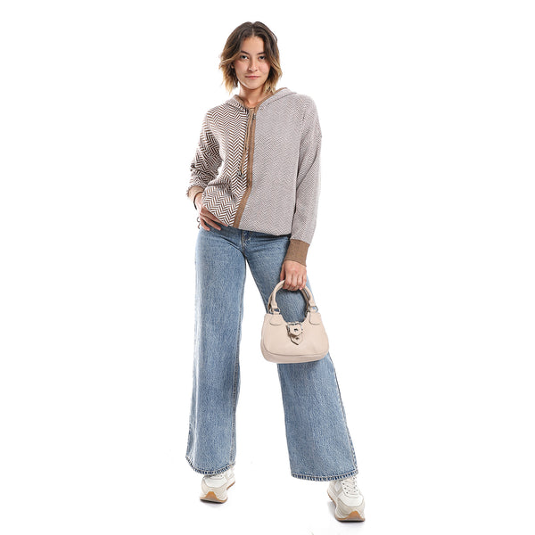 Chervon Self Pattern French Beige & White Zipper Sweater