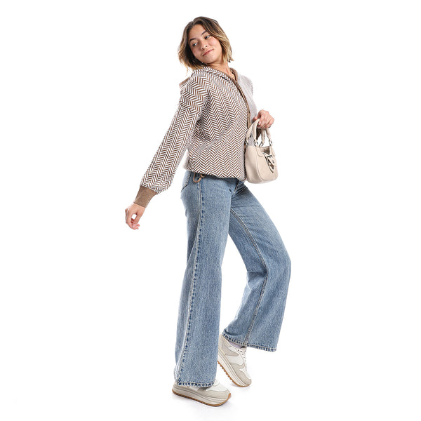 Chervon Self Pattern French Beige & White Zipper Sweater