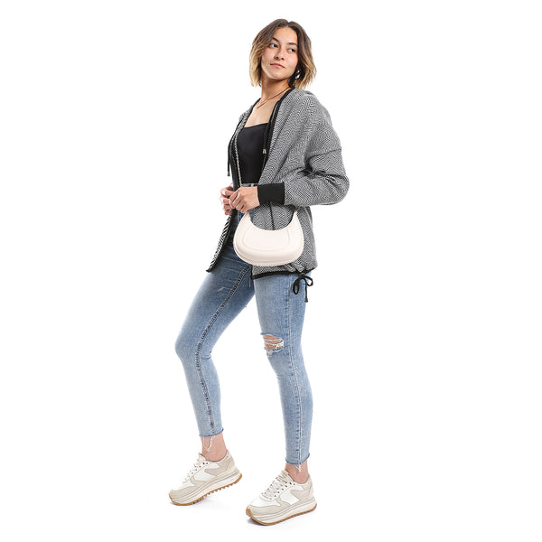 Chervon Self Pattern Black & White Zipper Sweater