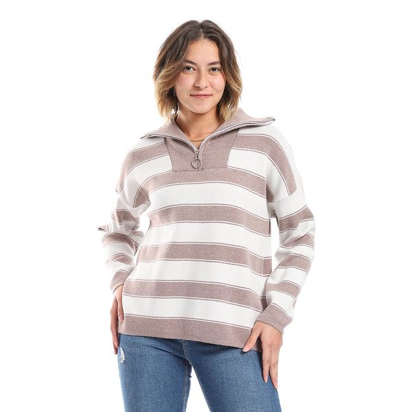Cafe & White Stripped Pattern Sweater