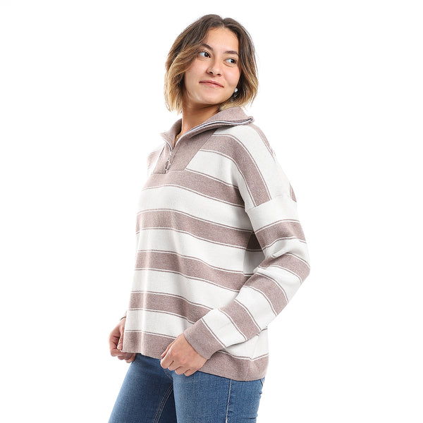 Cafe & White Stripped Pattern Sweater
