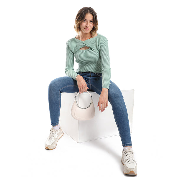 Loose Fit Ribbed Seafoam Green Cutout Pullover