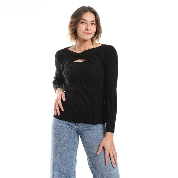 Loose Fit Ribbed Black Cutout Pullover