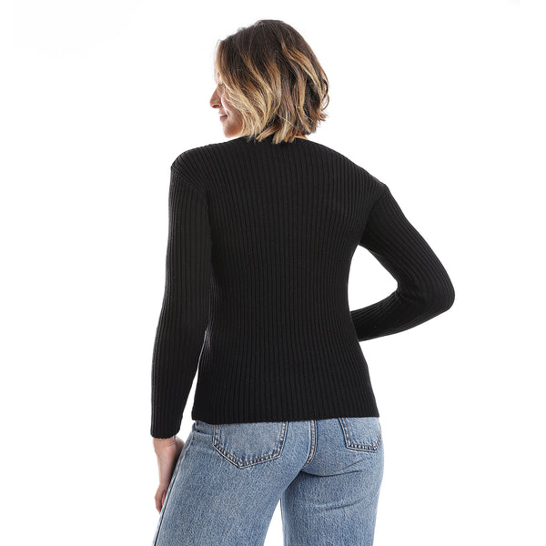 Loose Fit Ribbed Black Cutout Pullover