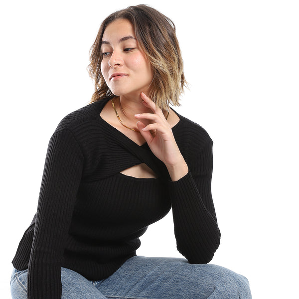 Loose Fit Ribbed Black Cutout Pullover