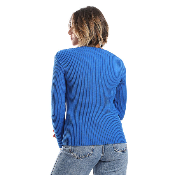 Loose Fit Ribbed Royal Blue Cutout Pullover