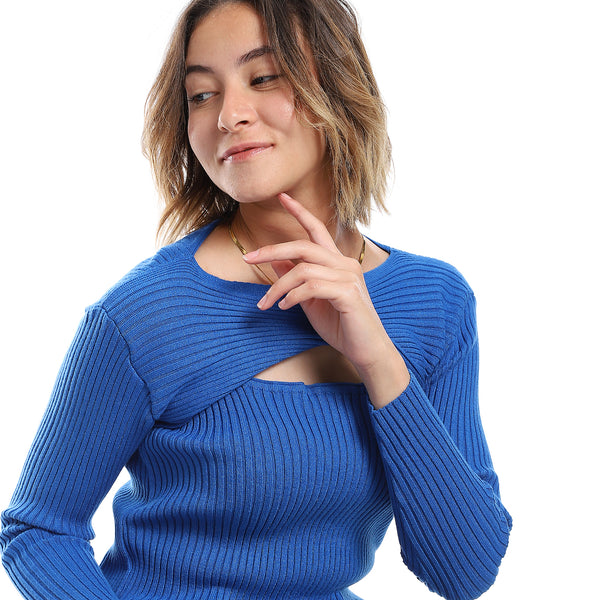 Loose Fit Ribbed Royal Blue Cutout Pullover