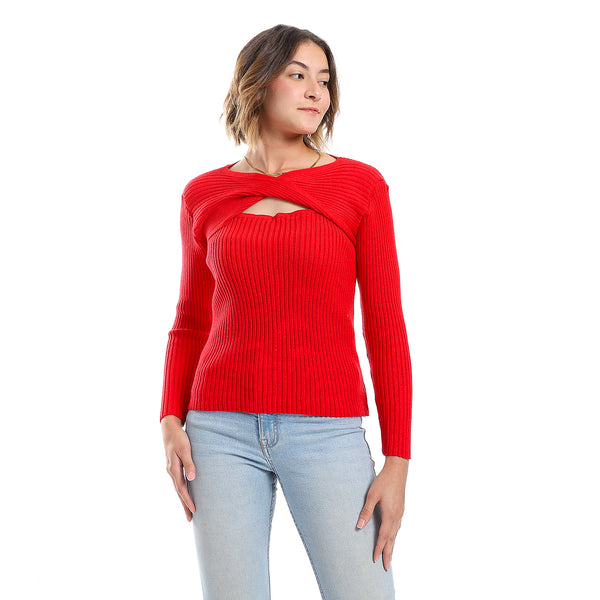 Loose Fit Ribbed Candy Red Cutout Pullover