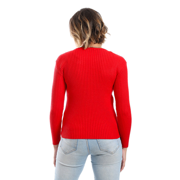 Loose Fit Ribbed Candy Red Cutout Pullover
