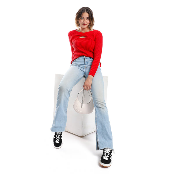 Loose Fit Ribbed Candy Red Cutout Pullover