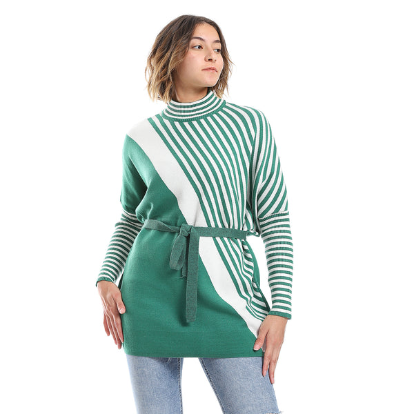White & Emerald Green Multi-Self Pattern Pullover