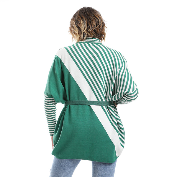 White & Emerald Green Multi-Self Pattern Pullover