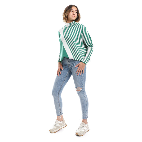 White & Emerald Green Multi-Self Pattern Pullover