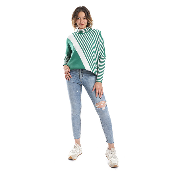White & Emerald Green Multi-Self Pattern Pullover