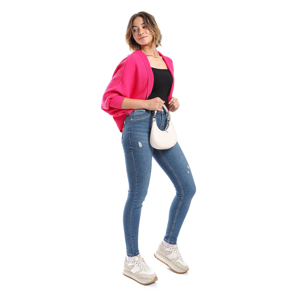 Batwing Long Sleeves Ribbed Hot Pink Cardigan