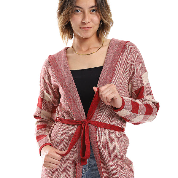 Red & Ivory Multi-Self Pattern Cardigan