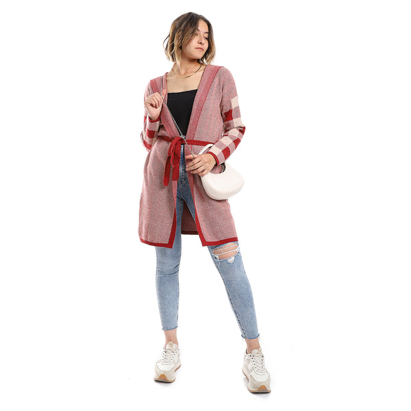 Red & Ivory Multi-Self Pattern Cardigan