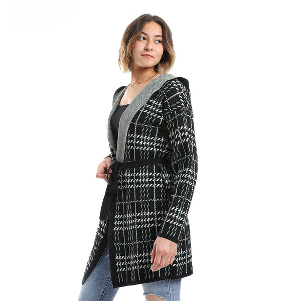 Houndstooth Hooded Black, White & Cool Green Long Open Cardigan